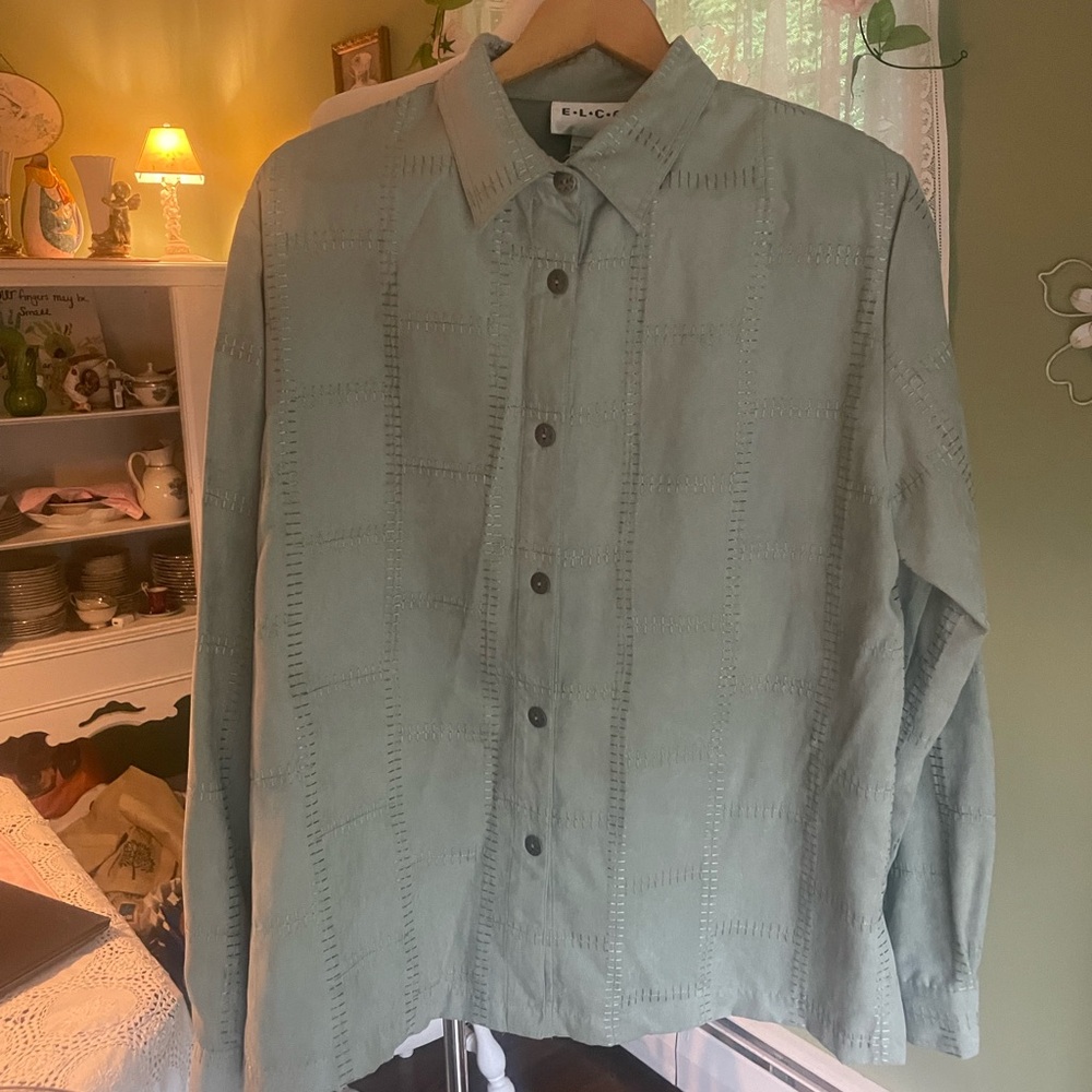 Vintage Green Long Sleeve Button Down Blouse with Dress Shirt Collar
